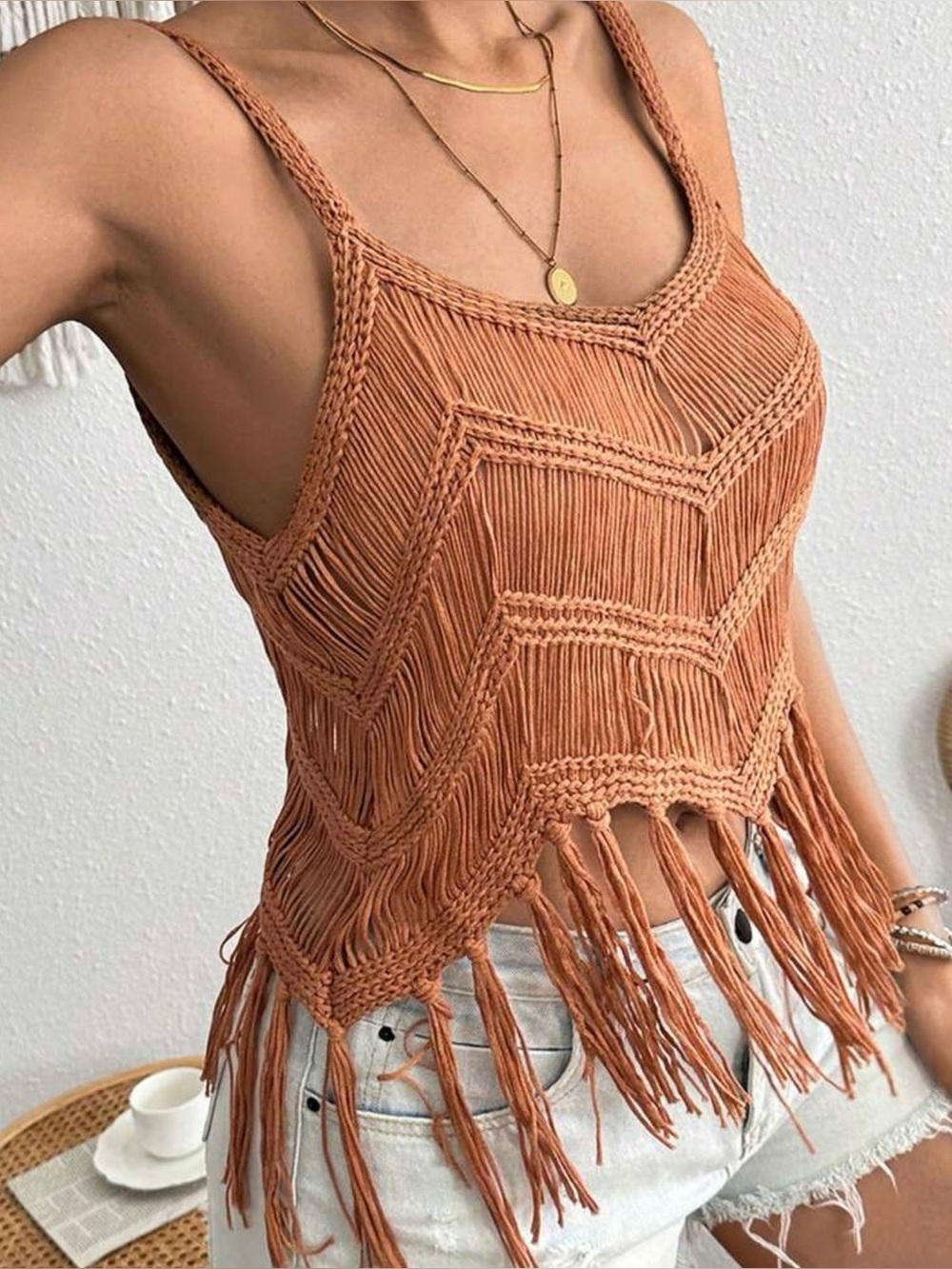 Fringed Crochet Tank Top - Rust